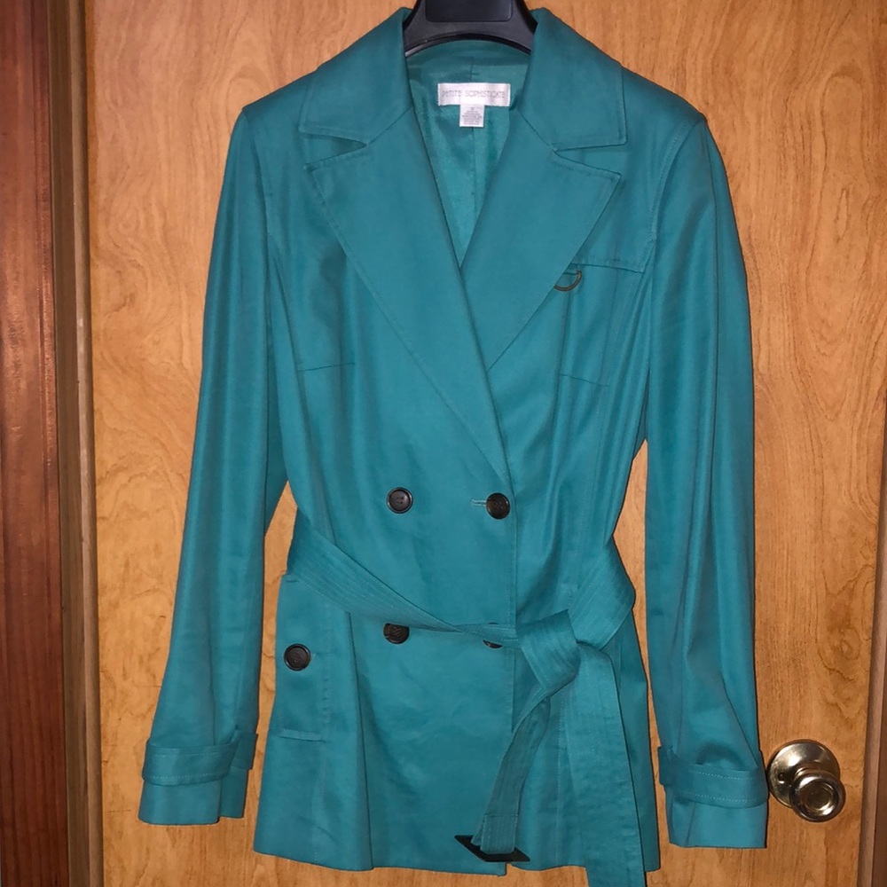 Petite Sophisticate, teal double breasted coat